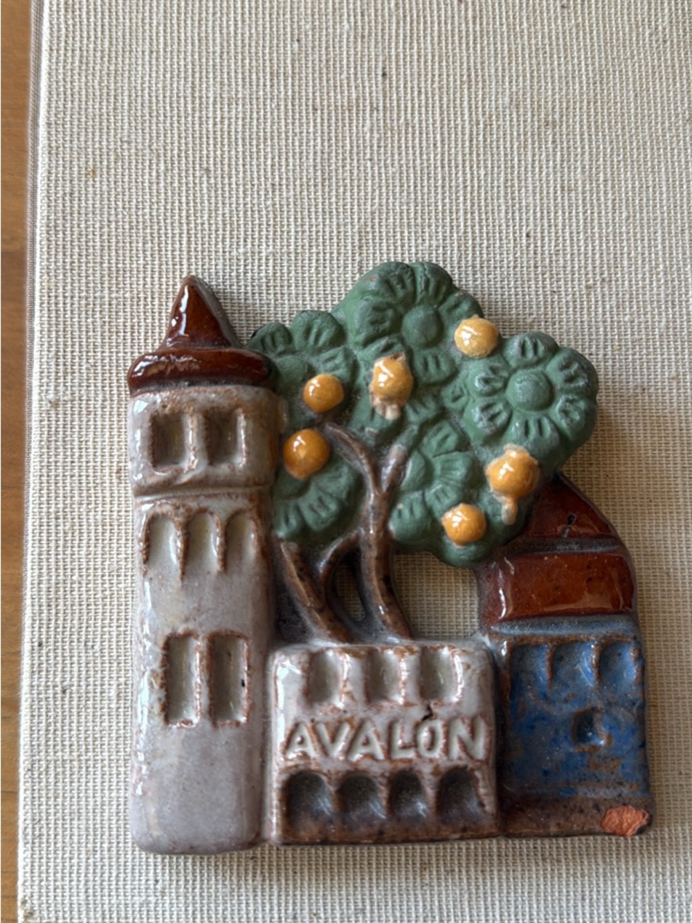Avalon Ceramic Wall Plaque Tile with Green Tree and Yellow Fruit Henry Mercer